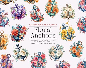 Peut inclure: Clipart aquarelle de 28 ancres florales sur fond transparent. Chaque ancre est entourée de fleurs colorées et de verdure. Les ancres mesurent 5 pouces sur 5 pouces et 300 DPI.