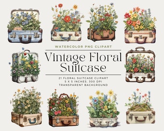 Vintage suitcase watercolor clipart, Vintage Floral Suitcase, Vintage Travel illustration, Commercial License