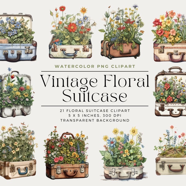 Vintage suitcase watercolor clipart, Vintage Floral Suitcase, Vintage Travel illustration, Commercial License