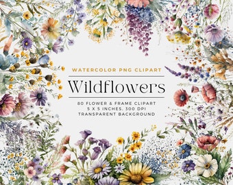 Watercolor Wildflower Clipart, Watercolor Meadow Flowers Clipart Bouquets, Summer Flowers, Commercial Use, Digital clipart PNG