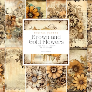 Neutrale bruine en gouden bloemen Junk Journal-pagina, voor ongewenste journaling, sublimatie, journaling, aquarel naadloze patroontegels