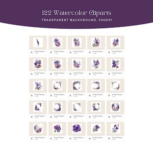 May include: A set of 122 watercolor clipart images featuring purple flowers in various arrangements, including bouquets, wreaths, and single blooms. The images have a transparent background and are 300 DPI.