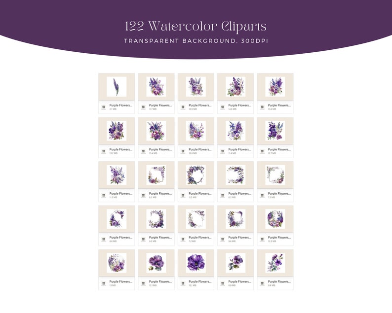 May include: A set of 122 watercolor clipart images featuring purple flowers in various arrangements, including bouquets, wreaths, and single blooms. The images have a transparent background and are 300 DPI.