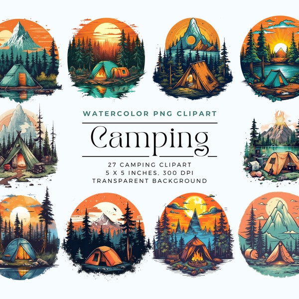 Aquarell Camping Zelte Clipart, Zelte, Camping, Wandern, romantische Atmosphäre, sofortiger Download kommerzielle Nutzung