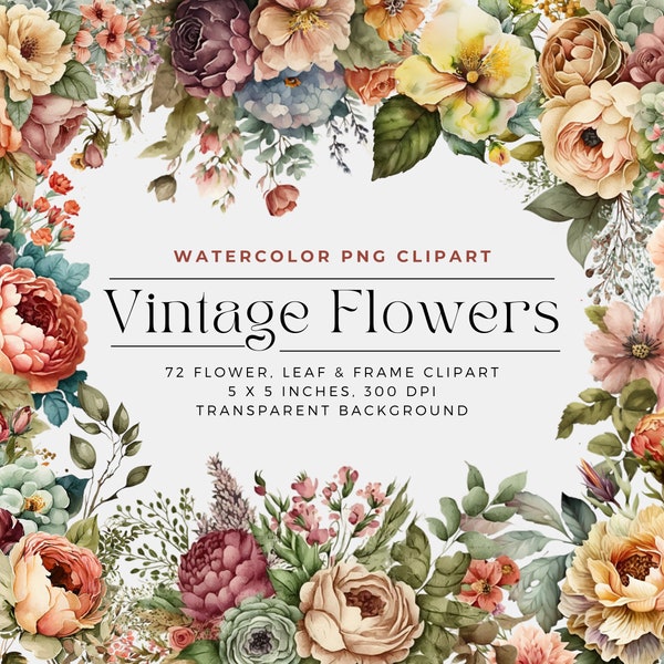 Vintage Flowers PNG, Watercolor Floral Clipart Bouquets, Elements, Commercial Use, Digital clipart PNG