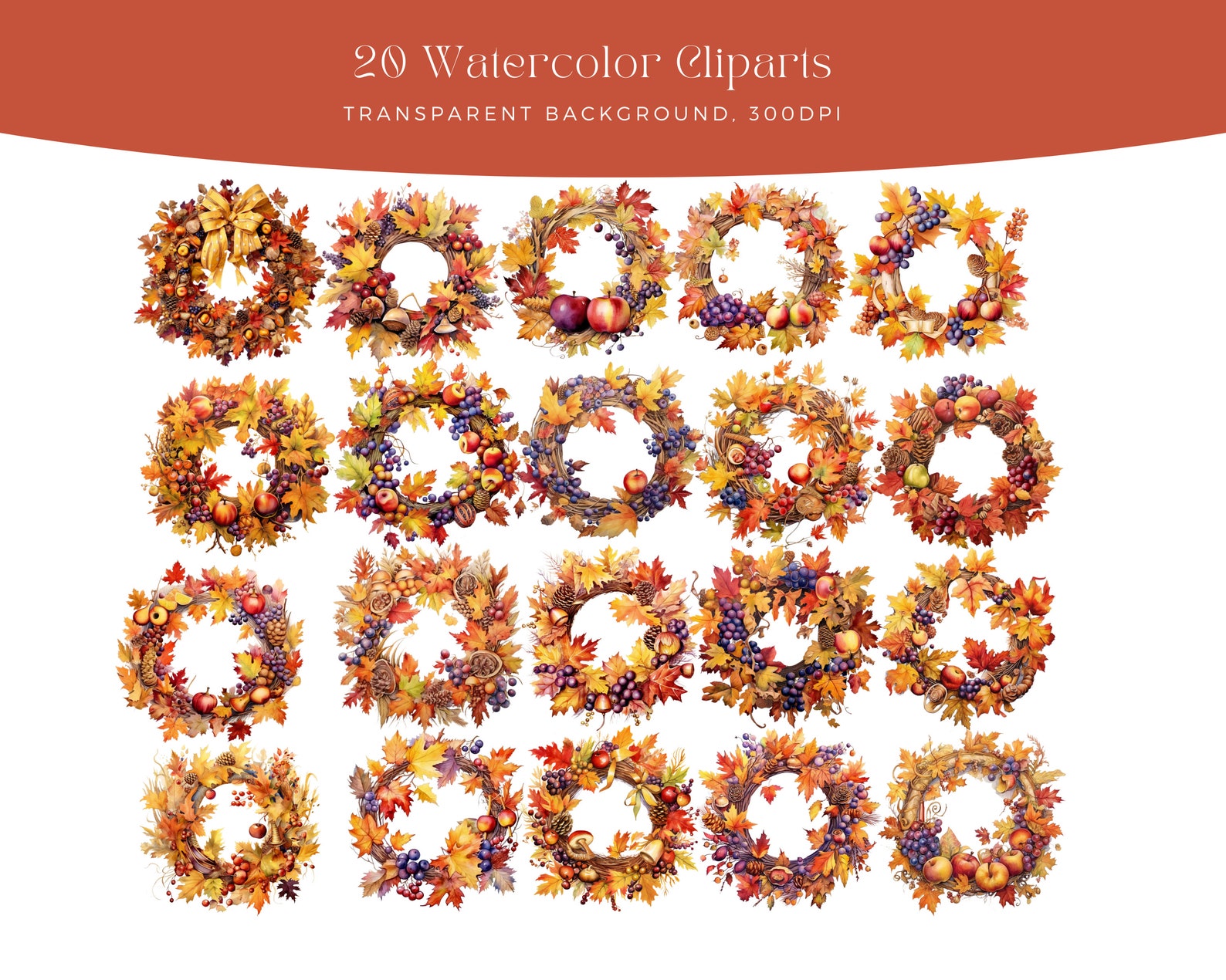 Watercolor Autumn Wreath Clipart: Fall Leaves (commercial License) - Etsy