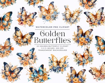 Watercolor Golden Butterfly Floral Clipart - butterflies and flowers,  Illustrations, Commercial License