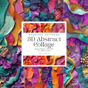 May include: A collage of 47 seamless 3D abstract patterns in vibrant colors like turquoise, purple, pink, orange, and gold. The patterns are made up of various shapes and textures, creating a visually stimulating and dynamic design. The text "3D Abstract Collage" is displayed in the center of the image.