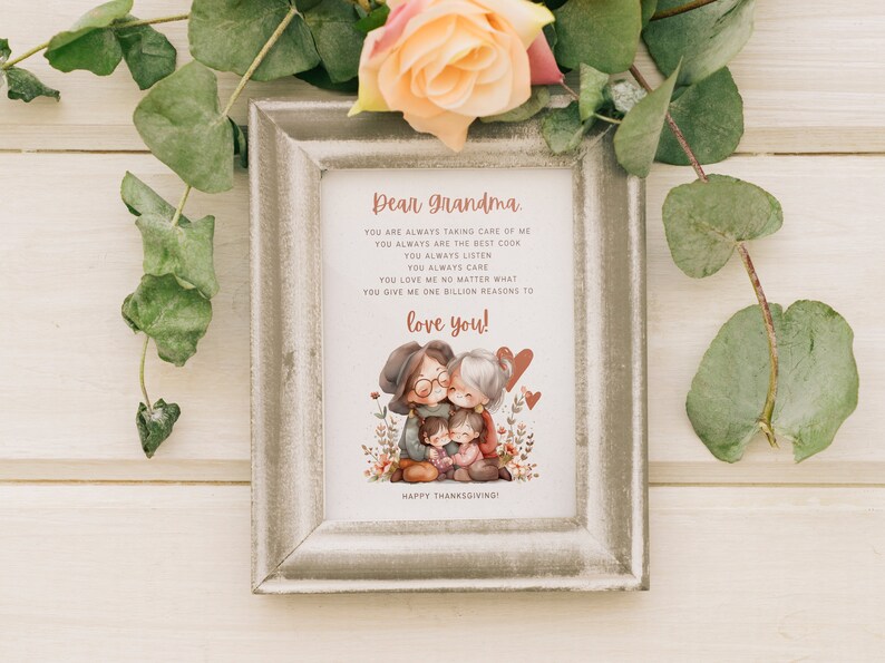 K&ouml;nnte beinhalten: Eine druckbare Karte mit einer handgeschriebenen Botschaft an Oma. Die Karte zeigt eine Aquarell-Illustration einer Gro&szlig;mutter und zwei Enkelkindern, die sich umarmen. Der Text lautet: "Liebe Oma, Du k&uuml;mmerst dich immer um mich. Du bist immer die beste K&ouml;chin. Du h&ouml;rst immer zu. Du k&uuml;mmerst dich immer um mich. Du liebst mich, egal was passiert. Du gibst mir eine Milliarde Gr&uuml;nde, dich zu lieben! Frohes Thanksgiving!"