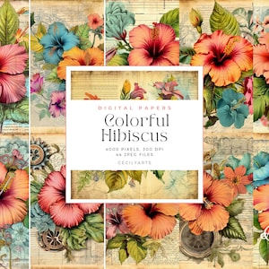 Colorful hibiscus with tropical leaves vintage junk journal page, Decorative Paper, Junk Journal Pages, Collage Sheet, Commercial Use