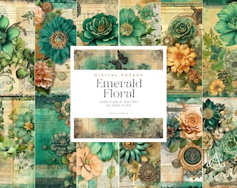 May include: A digital paper pack with 48 high-resolution JPG files featuring a collage of emerald green, yellow, and peach floral designs with vintage textures. The text "Digital Papers Emerald Floral 4000 Pixels. 300 DPI 48 JPEG Files CecilyArts" is in the center of the image.