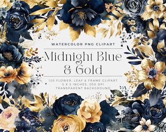 Midnight Blue and Gold Flowers PNG, Watercolor Floral Clipart Bouquets, Elements, Commercial Use, Digital clipart PNG