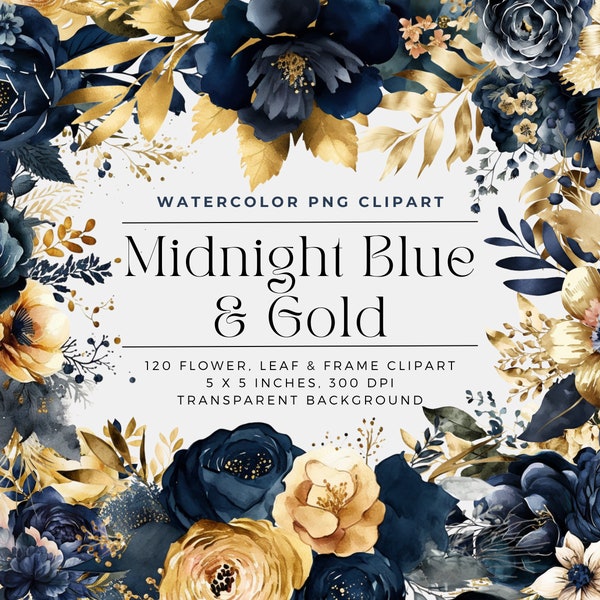 Midnight Blue and Gold Flowers PNG, Watercolor Floral Clipart Bouquets, Elements, Commercial Use, Digital clipart PNG