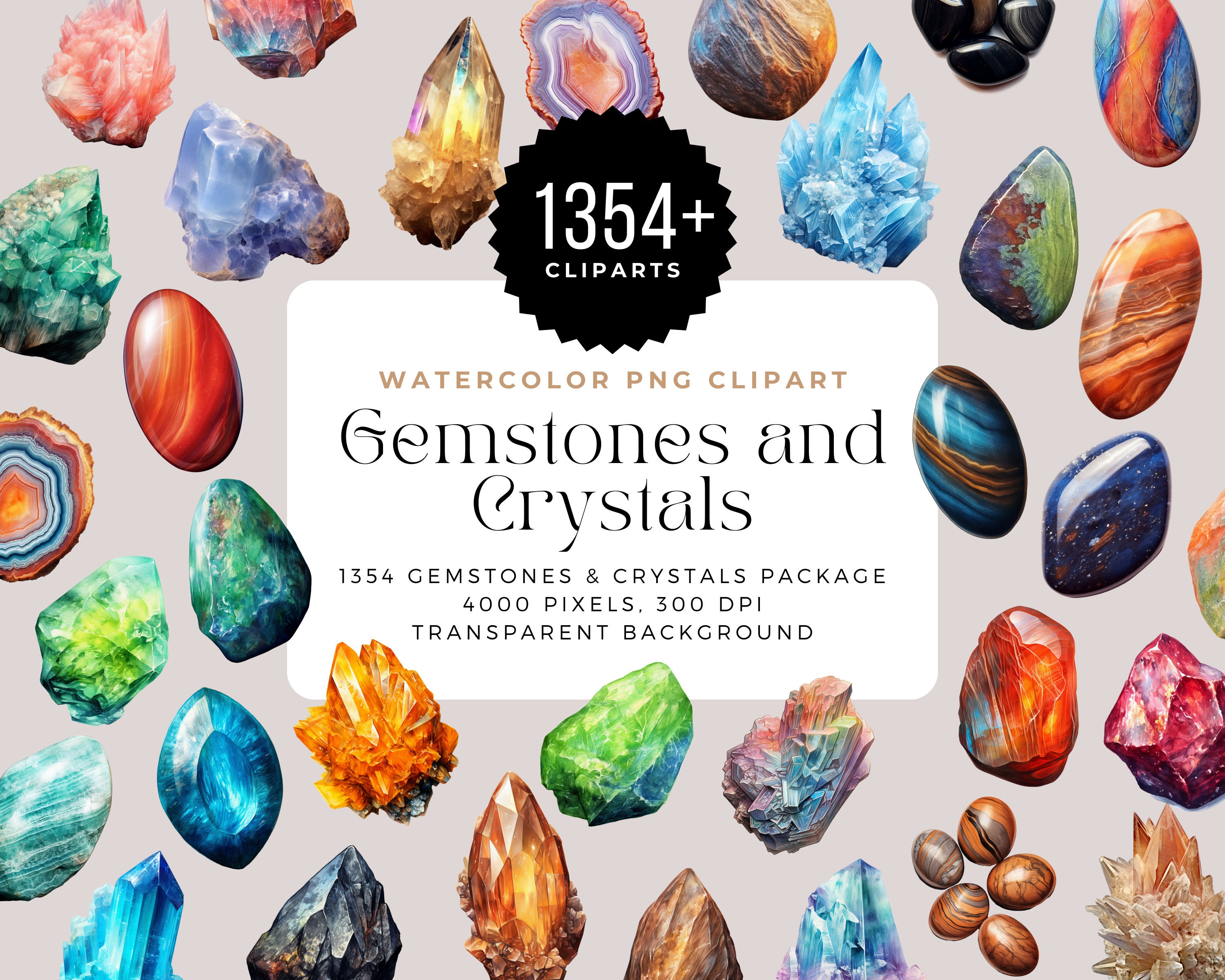 Bundle actualizado de clipart PNG de gemas y cristales en acuarela — 1354 elementos en alta resolución para uso comercial