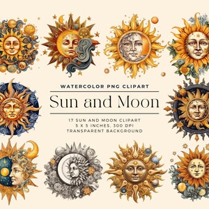 Celestial Clipart Bundle, Watercolor Sun Clip Art, Moon Clipart,  Illustrations, Commercial License