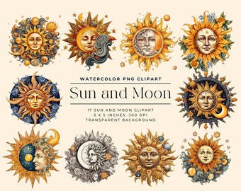 Celestial Clipart Bundle, Aquarell Sonne Clip Art, Mond Clipart, Illustrationen, kommerzielle Lizenz