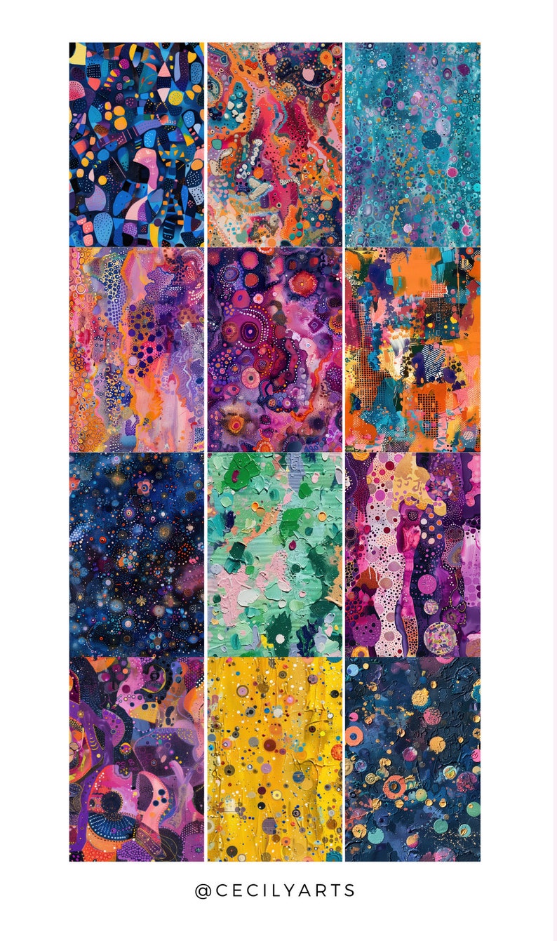 May include: Nine abstract paintings with colourful patterns and textures. The paintings are arranged in a grid of three rows and three columns. The paintings feature a variety of colours, including blue, green, yellow, orange, pink, and purple. The paintings are all different sizes and shapes. The paintings are all abstract and do not depict any recognisable objects. The paintings are all original and unique. @CECILYARTS