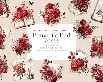 Romantic Red Rose PNG, Watercolor Red Rose Clipart Bundle, Wedding Bouquet PNG, Rose Wreath, Digital Download