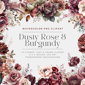 73 Dusty Rose and Burgundy Flowers PNG, Watercolor Floral Clipart Bouquets, Elements, Commercial Use, Digital clipart PNG