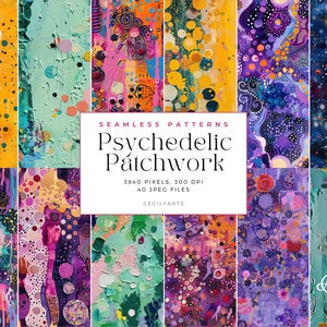 May include: A set of 40 digital seamless patterns featuring psychedelic patchwork designs in vibrant colours, including pink, purple, blue, green, yellow, and orange. The patterns are perfect for creating unique backgrounds, textiles, and other creative projects.