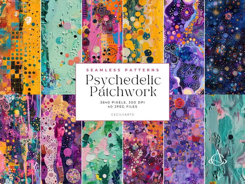 May include: A set of 40 digital seamless patterns featuring psychedelic patchwork designs in vibrant colours, including pink, purple, blue, green, yellow, and orange. The patterns are perfect for creating unique backgrounds, textiles, and other creative projects.