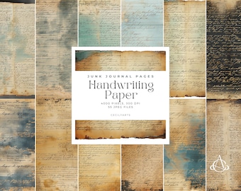 May include: A digital collage of 55 vintage-style journal pages with handwritten text. The pages are in various shades of brown, blue, and black, and have a distressed, aged look. The text is in a cursive script and is difficult to read. The title "Junk Journal Pages Handwriting Paper" is displayed in the center of the collage.