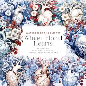 Watercolor Winter Floral Hearts Clipart, Winter  bouquets, Watercolor Floral Clipart Bouquets, Elements, Commercial Use, Digital clipart PNG