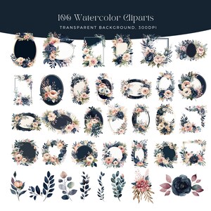 Blush and Navy Flowers PNG, Watercolor Floral Clipart Bouquets ...