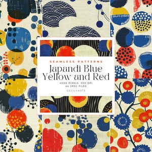 Modern Japandi Blue Yellow and Red Seamless Patterns, Commercial Use Digital Download, Journaling, Watercolor Seamless Pattern Tiles