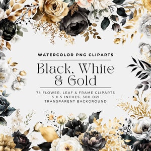 Flores blancas y doradas negras PNG, Ramos de imágenes prediseñadas florales de acuarela, Elementos, Uso comercial, Imágenes prediseñadas digitales PNG