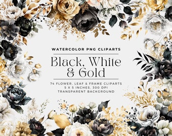 Black White and Gold Flowers PNG, Watercolor Floral Clipart Bouquets, Elements, Commercial Use, Digital clipart PNG