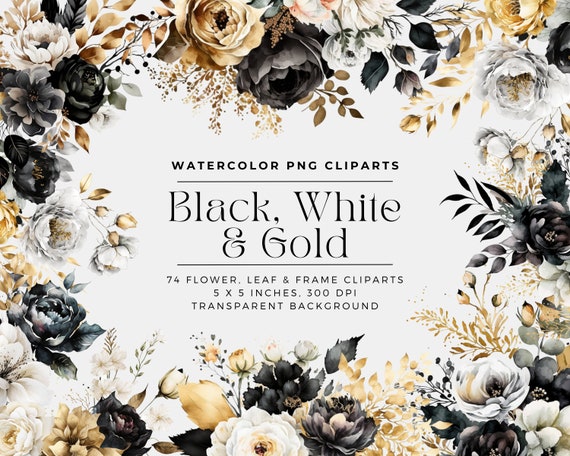 Black White and Gold Flowers PNG, Watercolor Floral Clipart Bouquets,  Elements, Commercial Use, Digital Clipart PNG 