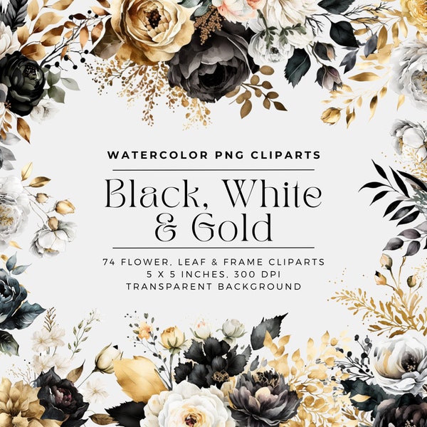 Black White and Gold Flowers PNG, Watercolor Floral Clipart Bouquets, Elements, Commercial Use, Digital clipart PNG