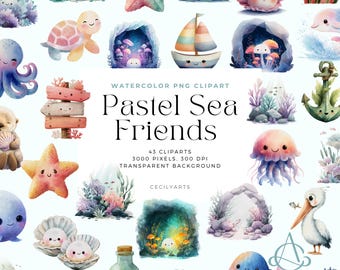 Pastel Sea Animals Watercolor Clipart: Ocean Nursery Art (PNG Digital Download)