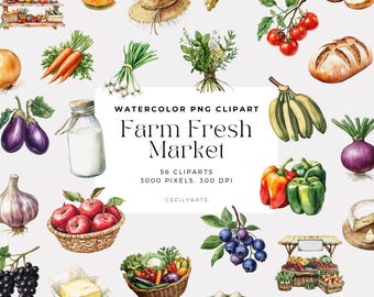 Farm Fresh Market Watercolor Clipart | Rustic Produce, Vegetables, Fruits & Market Stand PNGs | Country Kitchen, Food Illustration Set