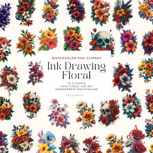 Ink drawing floral cliparts, digital art, botanical illustrations, hand-drawn flowers, PNG graphics, clip art