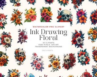 Imágenes prediseñadas florales con dibujos a tinta, arte digital, ilustraciones botánicas, flores dibujadas a mano, gráficos PNG, imágenes prediseñadas