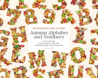 May include: Watercolor PNG clipart of the alphabet and numbers made from autumn leaves. The letters and numbers are in a variety of colors, including red, orange, yellow, and green. The background is a light beige color.