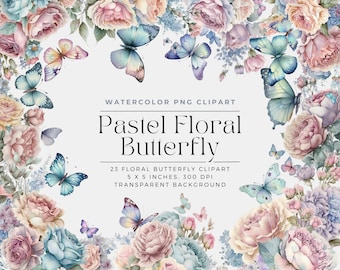 Pastel Flower Butterfly PNG, Watercolor Floral Butterfly Clipart Bouquets, Elements, Commercial Use, Digital clipart PNG