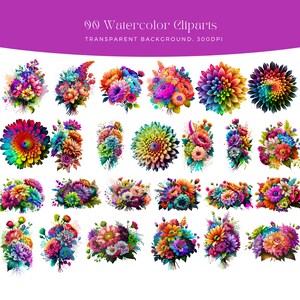 May include: A set of 90 watercolor clipart images of colorful flower bouquets and single flowers. The flowers are in various shades of pink, purple, blue, green, yellow, orange, and red. The background is transparent.