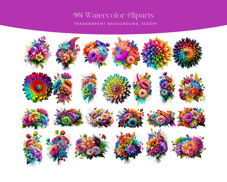 May include: A set of 90 watercolor clipart images of colorful flower bouquets and single flowers. The flowers are in various shades of pink, purple, blue, green, yellow, orange, and red. The background is transparent.