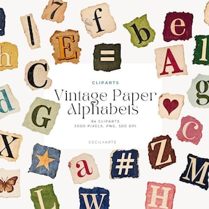May include: A collection of digital clipart featuring individual letters, numbers, and symbols printed on torn, textured paper scraps in various colours. The central text reads: CLIPARTS Vintage Paper Alphabets 84 CLIPARTS 3000 PIXELS. PNG. 300 DPI CECILYARTS.