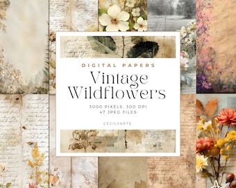 Digitala papper med vintage vildblommor – paket med blommig bakgrund