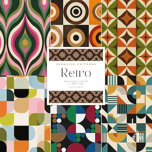 Pode incluir: Uma coleção de padrões retrô sem costura em vários designs geométricos. Os padrões apresentam uma mistura de cores, incluindo verde, rosa, laranja e marrom. A imagem inclui a palavra "Retro" e outro texto.