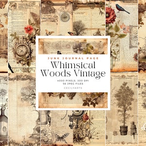 Whimsical woods vintage junk journal page, Printable Paper, Cottagecore Junk Journal Kit , Old Book Digital Paper, Collage, Collage Sheet