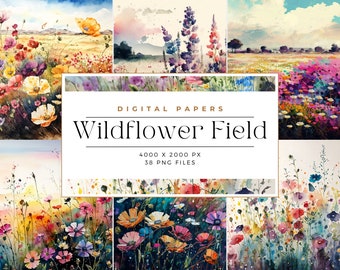 Watercolor Wildflowers Field Digital Paper Set, Spring Flowers, Junk Journal Paper, Printable Spring Meadow, Commercial Use, Digital paper