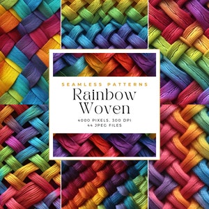 Könnte beinhalten: Ein Set mit 44 nahtlosen Mustern mit einem gewebten Regenbogen-Design. Jedes Muster ist 4000 Pixel mal 4000 Pixel groß und hat 300 DPI. Die Muster sind perfekt, um jedem Projekt einen Hauch von Farbe und Textur zu verleihen.