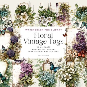 Puede incluir: Un conjunto de 20 etiquetas vintage florales de acuarela con mariposas. Las etiquetas son de varios colores y presentan diferentes arreglos florales. Las etiquetas son perfectas para agregar un toque de encanto vintage a tus proyectos.