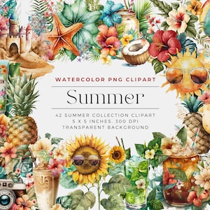 May include: Watercolor clipart collection of summer themed illustrations.  The collection includes pineapples, a beach umbrella, a sandcastle, a coconut, a sunflower, a camera, a glass of iced tea, a glass of lemonade, a glass of mojito, a jar of iced tea, a pineapple, a sun with sunglasses, and a variety of flowers.  The text "WATERCOLOR PNG CLIPART Summer 42 SUMMER COLLECTION CLIPART 5 X 5 INCHES, 300 DPI TRANSPARENT BACKGROUND" is displayed in the center of the image.
