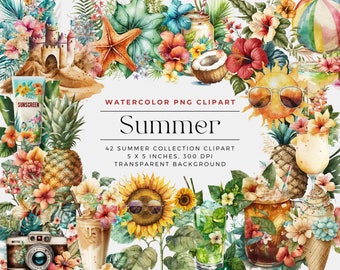 Summer Collection PNG Clipart Seasonal Clipart, Watercolor Summer Clipart Elements, Commercial Use, Digital Clipart PNG